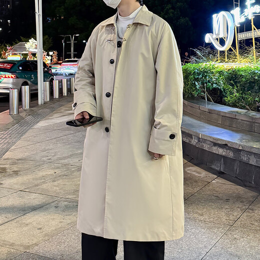 OEMG spring and autumn new style British handsome mid-length windbreaker jacket men's trendy outdoor windproof loose knee-length black large clothes DSA050-FY176 Apricot 3XL Recommended 160-175Jin Jin equals 0.5 kg