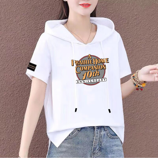 熊司令有戴带帽孑的棉半袖女帽衫短袖t恤连帽女装新款夏季宽松半截袖 蓝色-687袖子标 2XL 2xl