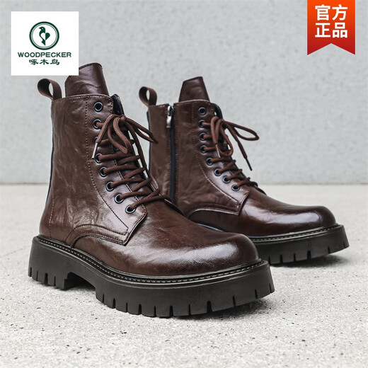 Woodpecker Martin Boots Men's High Top Soft Cuir British Style Retro Mid-Top Leather Chaussures 2025 Nouvelle fermeture à glissière latérale épaisse Boots masculins Brown Hauteur 41