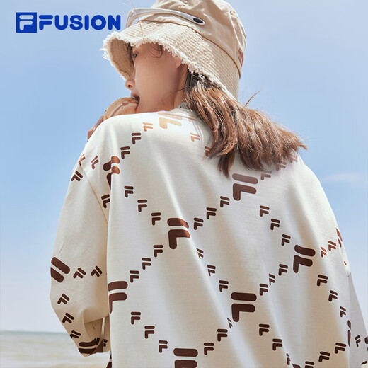 FILA FUSION trendy couple short-sleeved T-shirt in summer loose casual presbyopia full print round neck men and women top antique white-IV XL (180)