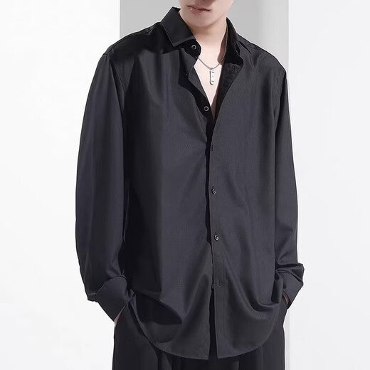 ShanNU short-sleeved shirt men's 2025 summer ice silk black casual shirt draped loose spring new business top trend black [short-sleeved] CY45 XL [recommended 140-155Jin [Jin equals 0.5 kg]]