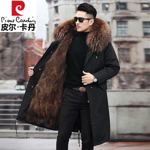 Pierre Cardin Parker Men's Winter New Mid-Length Fur All-in-One Coat with Removable Raccoon Fur Liner Fur Jacket Brown Liner-Mid-Length M No. 165 100Jin Jin is equal to less than 0.5 kg