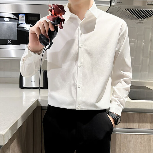 星禾莱白色衬衫男长袖潮流帅气免烫修身休闲衬衣男商务加绒款打底衬衫 白色 XL 125-140斤