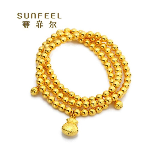 赛菲尔珠宝 无焊料黄金手链 足金999.9佛珠手串 有钱有福圆珠小金珠计价男女情侣款 约35.85-35.89克（含工费700元）