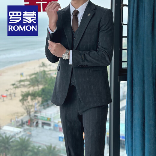 ROMON suit men's striped slim and handsome groom's wedding dress jacket men's British style test suit men's dark gray suit + trousers + vest + gifts 50/L