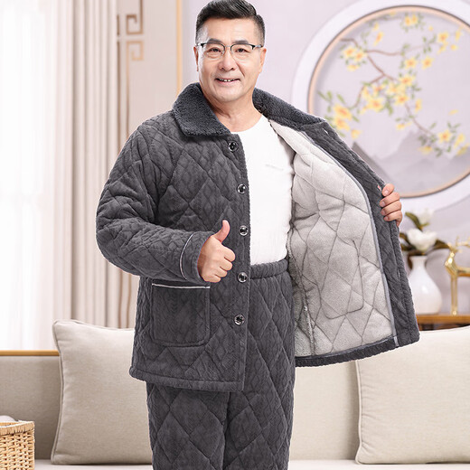 Suiyue Men's pajamas in autumn and winter, three-layer thickened coral velvet cotton warm, middle-aged and elderly home clothing Daddy set N9921M gray milk velvet upgraded thickened L size (90-120Jin [Jin equals 0.5 kg])