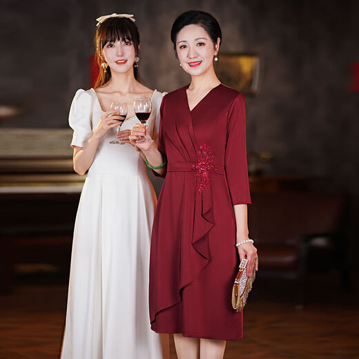 Vestido de moda de boda de Luoshu Xi Abuela Summer Summer Pequeña ropa de boda de alta gama 2024 Estilo de primavera y verano XI 6197 Vino Rojo L