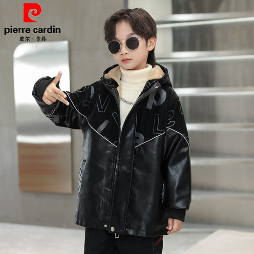 Pierre Cardin Children's Clothing Boys' Velvet Leather Jackets Autumn and Winter 2025 New Winter Jackets Handsome Winter Boys Thickened Black 120cm
