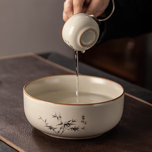 Porcelain brand tea set, Ru kiln tea set, household high-end ceramic split teapot, covered bowl, teacup, complete set of Kung Fu tea set, rich bamboo handle teapot, covered bowl, 8 cups, 13 pieces + Tao jar for washing dishes