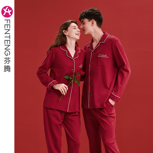 Fenten couple pajamas for women summer pure cotton short-sleeved red newlywed men's cotton animal year plus size home clothes maroon (male) M98032591 XL recommended female 124-142, male 146-165 Jin Jin equals 0.5 kg