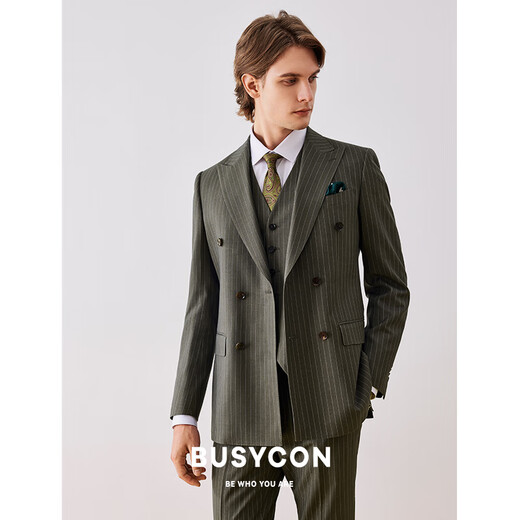 BUSYCON西服套装男士高端羊毛新郎结婚商务外套双排扣戗驳领男西装三件套 清新绿(单上衣)高品质 S 46 参考体重108斤-120斤