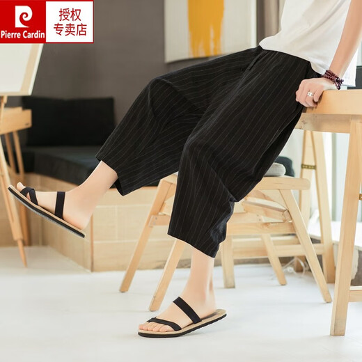 Pierre cardin summer linen striped pants men's seven-point casual pants loose straight pants large size thin cotton linen pants wide-leg harem pants navy blue M 90-115Jin [Jin equals 0.5 kg]