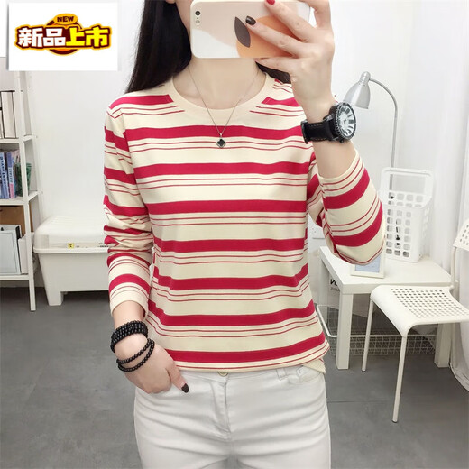 Erste T-Durchmesser reines langärmeliges T-Shirt für Frauen mit innerem Bottom-Hemd gestreifter oberer Feder- und Herbst-neuer Stil Lose und schlankes T-Shirt 826 Pink XL empfohlen 110-125jin [Jin entspricht 0,5 kg]