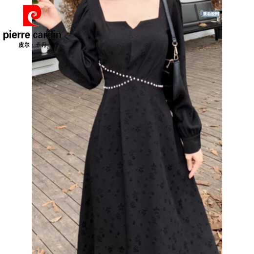 Pierre cardin French retro girl Hepburn style jacquard dress for summer new slim beaded long skirt is easy to wear Black XL [recommended 120-140Jin [Jin equals 0.5 kg]]