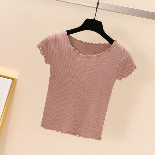 AUDDE2020 summer short-sleeved ice silk knitted T-shirt for women, slim fit, fungus-edged high-waisted short style, navel-baring clavicle top thin yw22881 pink one size fits all