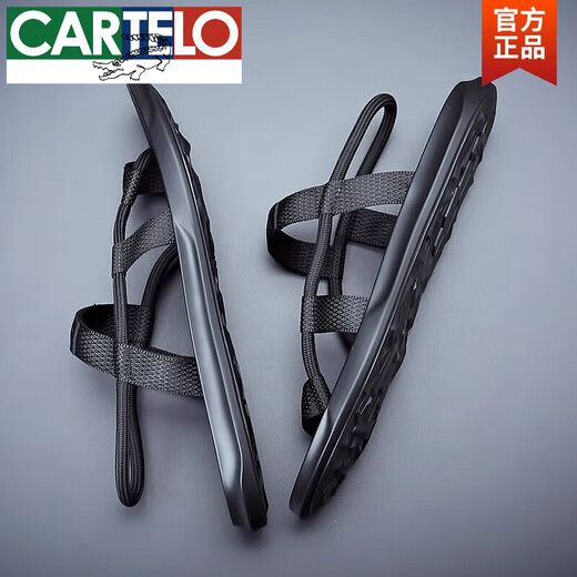 卡帝乐鳄鱼（CARTELO）高档品牌男士凉鞋夏季2025新款时尚个性一字拖男士外穿防滑凉鞋 黑色9866【旗舰版】 38