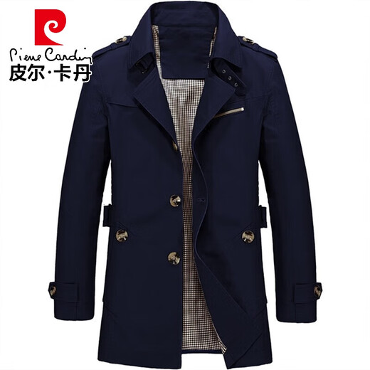 Pierre Cardin spring and autumn men's windbreaker mid-length lapel coat men's coat large size cloak new work wear casual light khaki XL