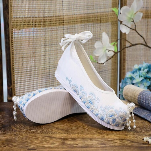 Zhenxi Hanfu shoes for women, spring and autumn antique style embroidered shoes, cloth shoes with tassels, raised toes, inner heightening bow shoes, Han element performance shoes, wave white - heightening by about 4CM 38