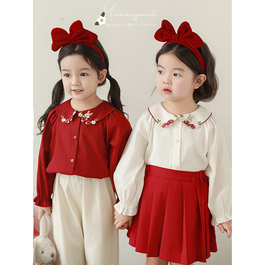 Young girls three-dimensional embroidery cut edge lapel shirt 2025 spring fungus flower blooming pleated cuffs casual top beige 90cm