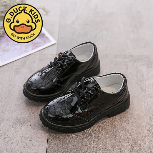 G.duck little yellow duck children's leather shoes boys new soft sole black British style performance leather shoes girls fashion performance NK-302 black 33 (inner length 20.5cm)
