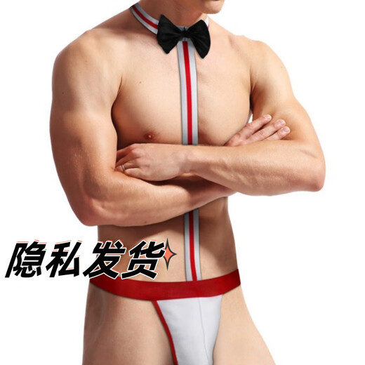 One-piece men's sexy underwear, seductive thong, breathable, elastic, sexy bow tie, low-waisted butt-revealing suspender pants, one-piece thong red, one size fits all