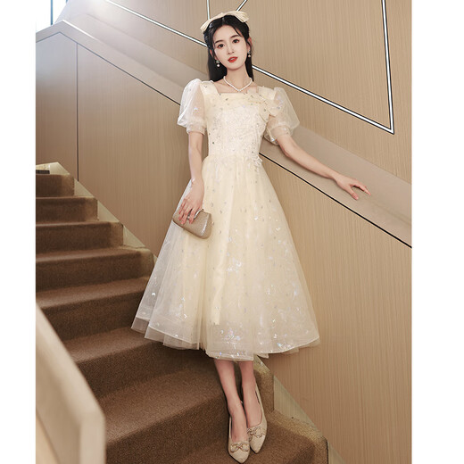 Qinji adult dress for women 18 years old, high-end small evening dress, banquet art exam dress for high school students, GS804 champagne color irregular long skirt M