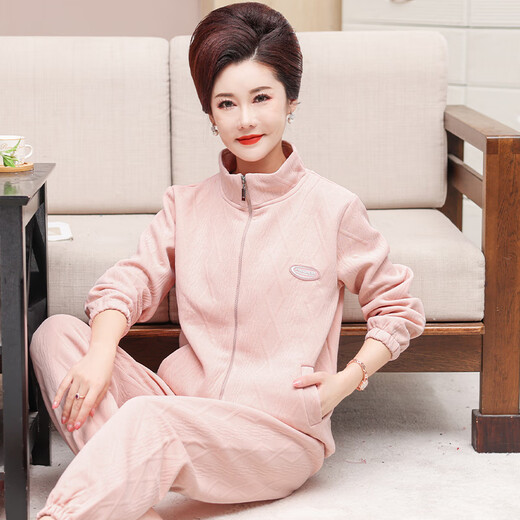 玫薇儿中年妈妈睡衣女秋冬纯棉长袖加厚空气棉中老年冬季保暖夹层家居服 12142 M【建议80-100斤】