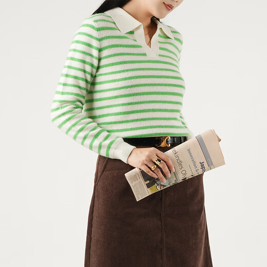 OSILU 24 Herbst und Winter Neu 100% reines Kaschmir Twist Polo Neck lässig Elegante Pullover Bluse Pullover 14107 Milch weiß + hellgrün S