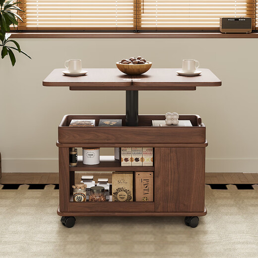Hexuan solid wood movable coffee table with foldable lifting storage side cabinet multi-functional wheeled sofa side table trolley Lecheng medium color