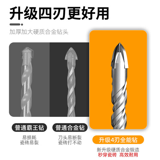 MeiKeLa tungsten steel alloy drill bit for ceramic tiles, cross electric hammer impact drill, round handle, two pits, two slots, four-edged triangle drill, upgraded four-edged, full Specifications, 5-pack