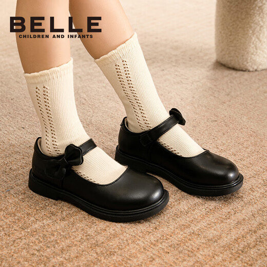 Belle children's shoes 25 years spring and autumn children's leather shoes back to school student shoes girls black leather shoes single shoes black size 31