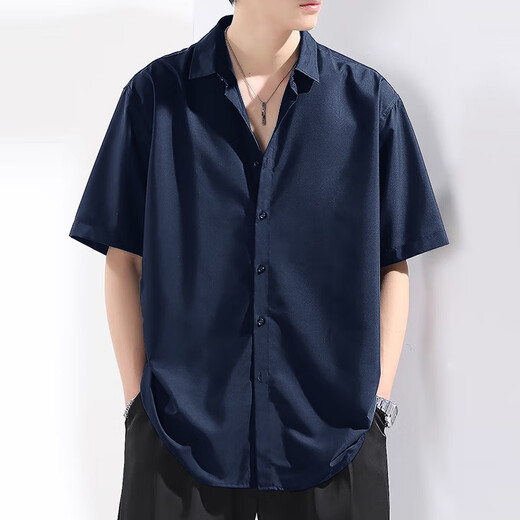 ShanNU short-sleeved shirt men's 2025 summer ice silk black casual shirt draped loose spring new business top trend black [short-sleeved] CY45 XL [recommended 140-155Jin [Jin equals 0.5 kg]]