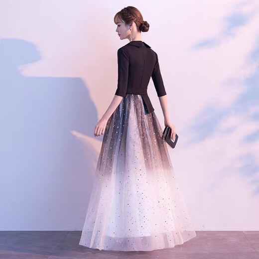Noliti's Temperament Banquet Dress Dress Long 2025 Le nouveau style peut être porté lors de la réunion annuelle de l'hôte Dreamy Starry Sky Jirt Femmes Black Long XL