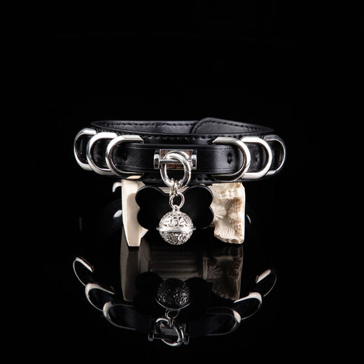 Genuine leather collar sm puppy bone tag bell choker female m custom lettering necklace k9 neck collar black bell model + traction chain
