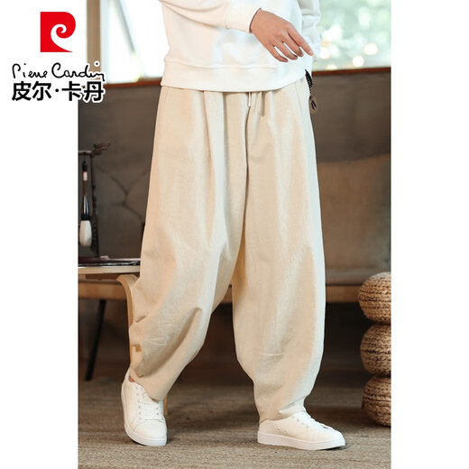 皮尔卡丹（pierre cardin）春秋棉麻灯笼裤男粗腿纯色居家哈伦裤宽松复古麻料裤子大裆休闲裤 黑色 L
