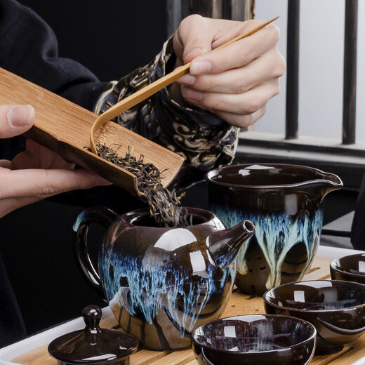 Jianzhan Kungfu tea set household kiln modified Tianmu glaze tea cup teapot tea tray ceramic Jun kiln sand gold tea set 10 heads (gold sand gold/beauty pot) + rectangular (striped) melamine/black