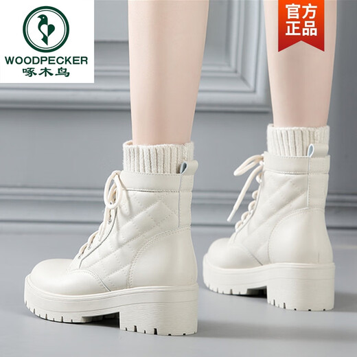 Holzspecker 2025 Herbst und Winter neues Leder im Off-Weiß-Martin-Stiefel für Frauen plus samt dicker Sohle dicker Absatz Vielseitig nicht rutschkurzer Stiefel Beige weißer Samt 36