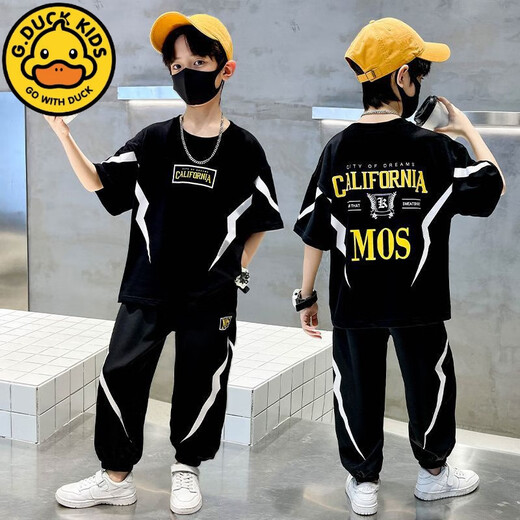 G.Duckkids Little Yellow Duck Children's Clothing Boy Herbst- und Winterkleidung Set 2024 Neues mittleres und großer Kinderjunge plus Samt Sweatshirt Casual und Modisches Schwarz und Gold [MOS Spring und Herbstkleidung] 170 cm