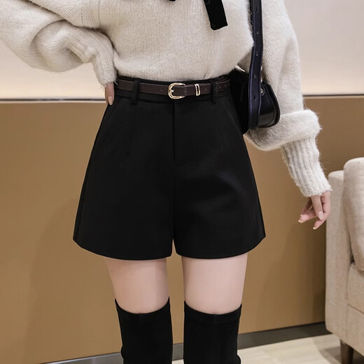 Quetong black suit shorts for women, autumn and winter Korean style outer wear leggings, fashionable high-waisted loose casual a-line wide-leg pants, black with lining L 105-115