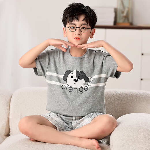 曼妮朵夏季儿童睡衣纯棉短袖短裤薄款男孩大童全棉青少年男童家居服套装 F724【双短】 175cm 加大L码【115-135斤】