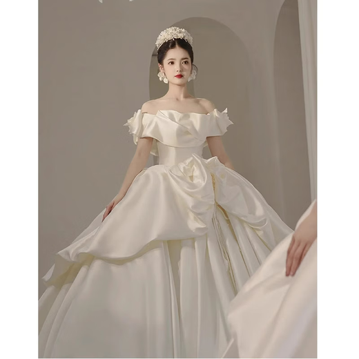 南月奚主婚纱法式缎面2025新娘质感豪华重工出门纱小个子长拖尾 白色单件婚纱齐地 S