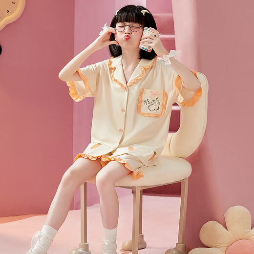 曼妮朵女童睡衣夏季纯棉小女孩新款儿童家居服宝宝开衫短袖短裤套装薄款 B4877绿【双短】 100cm 8码建议100-105cm