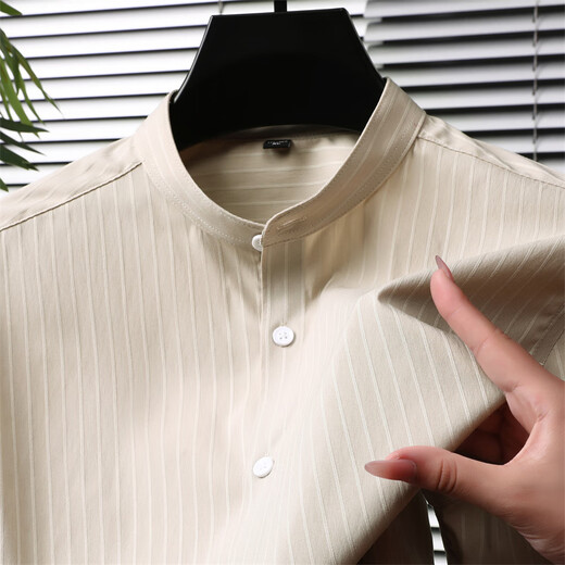 Pierre Cardin Bamboo Fiber Stand Collar Long Sleeve Shirt Men's Young and Middle-aged Spring and Autumn New Business Casual Men's Tunic Shirt Khaki 50-L-110