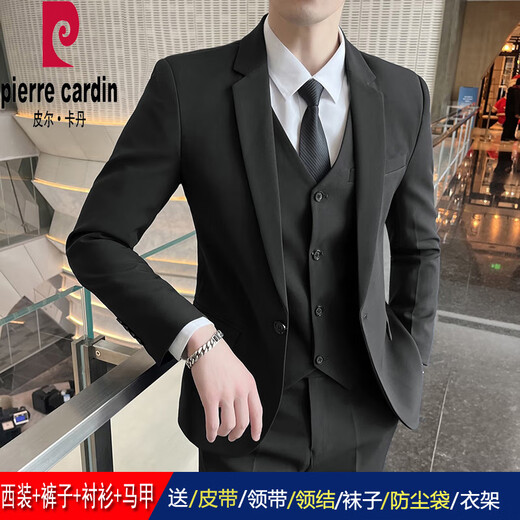 Pierre Cardin high-end light luxury suit men's jacket Korean style slim professional formal dress groom wedding dress small suit for men one button black suit + pants + shirt + vest + M (recommended 80-95Jin Jin equals 0.5kg to wear)