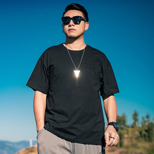 Tanye large size men's T-shirt men's fat men's T-shirt summer cotton tops fat brother loose plus fat personality embossed short-sleeved men t22127 black 4XL recommended 205-215Jin Jin is equal to 0.5 kg