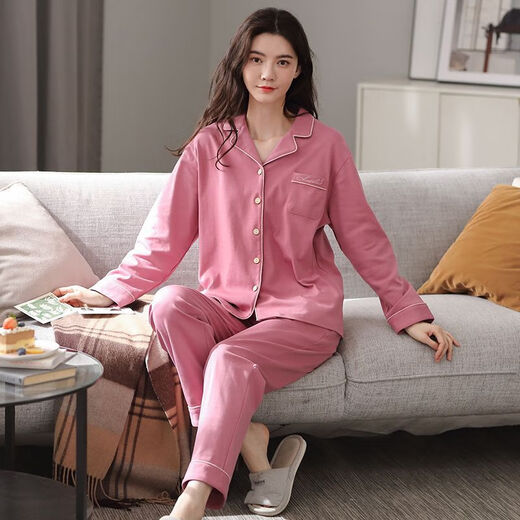莫代尔长袖睡衣女春秋季棉款大码宽松年新款休闲家居服纯色套装 12809 L (100-120斤)