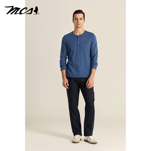 MCS comes from Marlboro American retro long-sleeved T-shirt spring new cotton slim round neck solid color Henley shirt for men light gray blue K1 56/XXXL/185