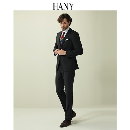 Hany (HANY) high-end craftsmanship pure wool suit suit for men's wedding, groom's wedding, black high-end business suit for men, Onius black, flat lapel 7.8CM, fitted version 46 For trousers, please contact customer service to select the size