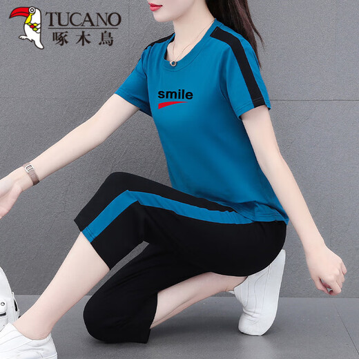 啄木鸟（TUCANO）好棉运动服套装女夏季2024新款中年夏装休闲短袖七分裤两件装 卡其七分裤[687款] M (推荐80-95斤)
