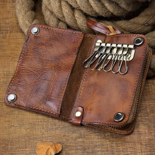 Simple / nature handmade pure cowhide key bag men's genuine leather multi-functional car key bag vegetable tanned leather coin purse waist zipper small bag brown